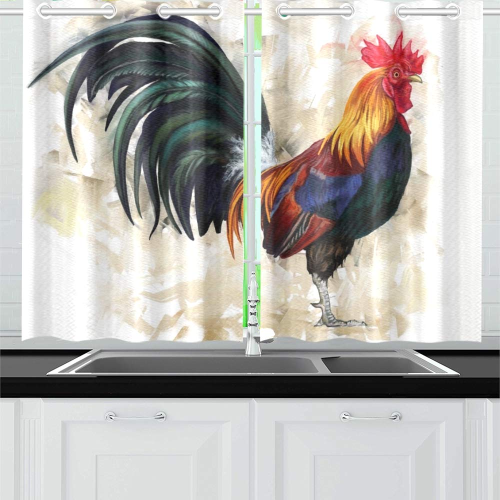 Rooster Digital Painting Rooster Cock Kitchen Curtains Window Curtain Tiers for Café, Bath, Laundry, Living Room Bedroom 26 X 39 Inch 2 Pieces