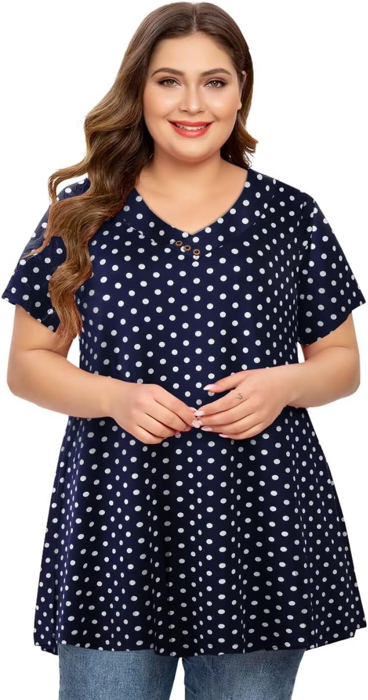 MONNURO Womens Plus Size Tops Short Sleeve Button Down Basic Tunics Summer Swing T Shirts Casual V Neck Blouses for Leggings - Image 4