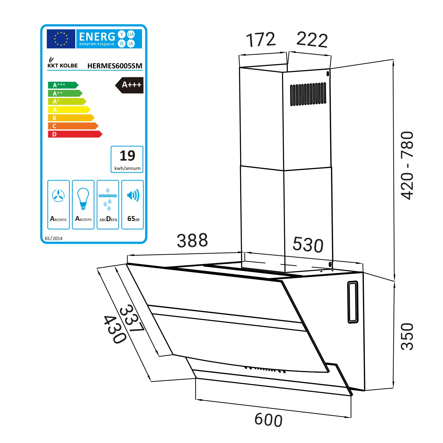 KKT KOLBE Dunstabzugshaube 60 cm 782 cbm/h Edelstahl schwarzes Glas WLAN RGBW-LED SensorTouch HERMES6005SM