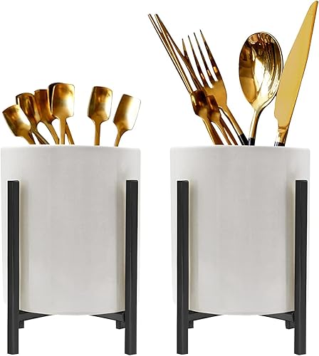 Miniatura 5 de Soporte giratorio para utensilios para encimera de cocina, cerámica con marco de metal duradero, 3.14 x 4.9 pulgadas (paquete de 1) blanco y dorado,