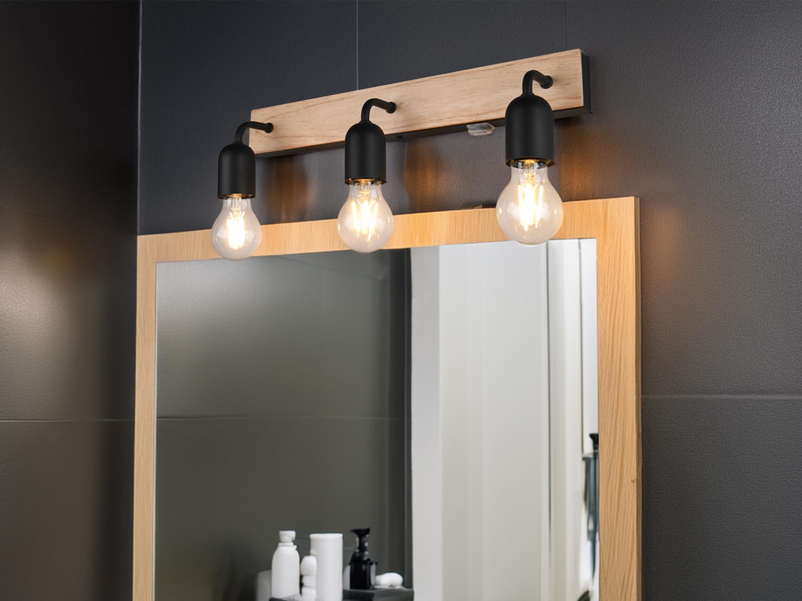 meineWunschleuchte Badezimmer Wandleuchte 3-flammig mit Schalter und Holz, Breite 45cm