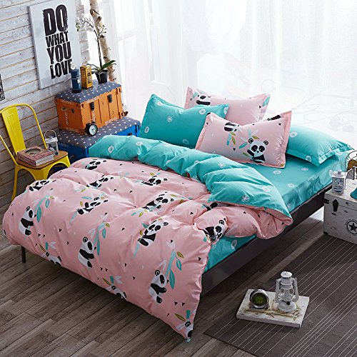 KFZ Kids China kung fu Panda Full Duvet Cover 4 Pieces Cute Panda Bed Sheet with 1 Panda Duvet Cover 1 Flat Sheet and 2 Pillow Covers, Breathable Cute Sheet Set for Room Decor