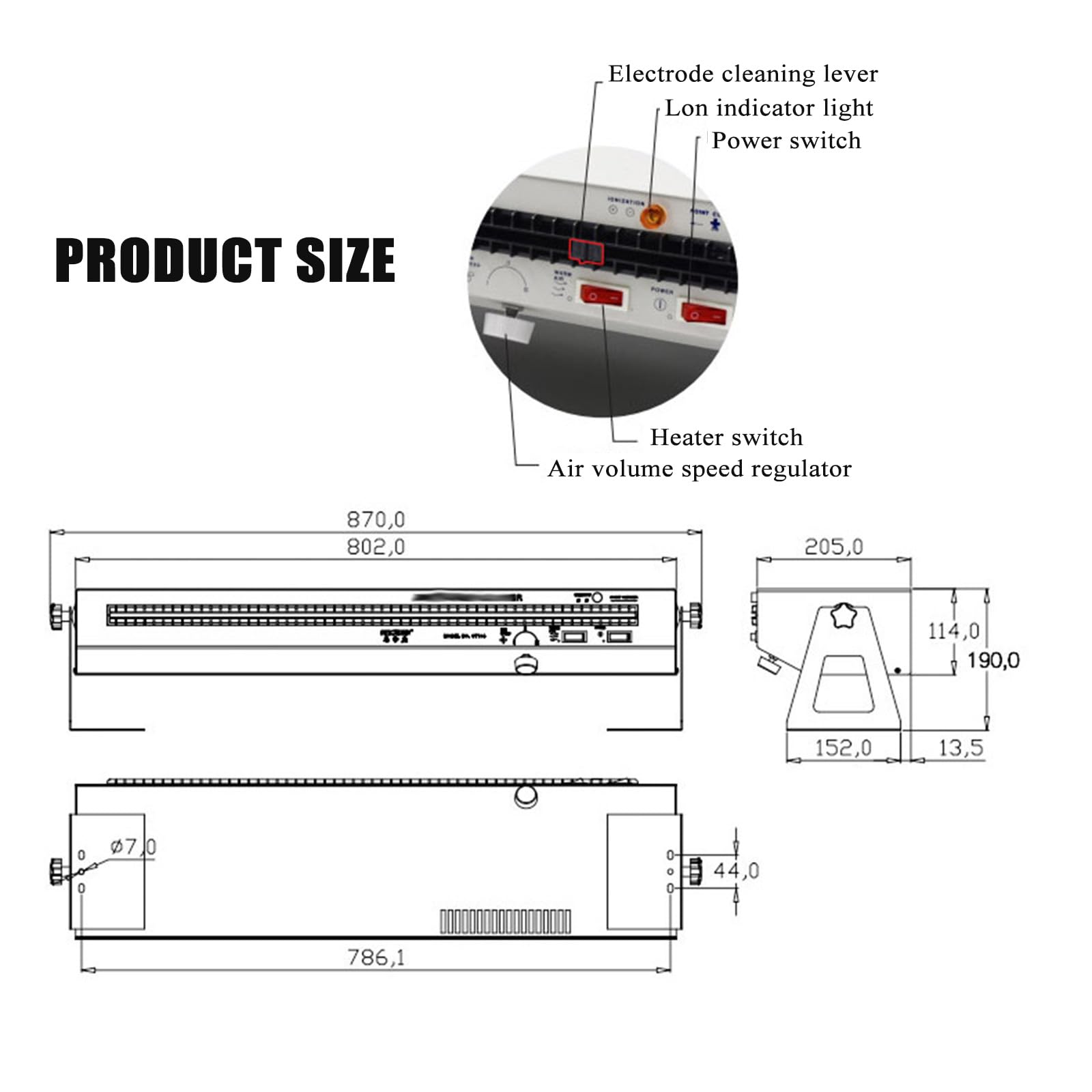 Soplador de Iones Horizontal, Ventilador ionizado antiestático eliminador, Volumen de Aire 45~110 CFM, Ajuste Continuo de la Velocidad del Viento, para impresión, Embalaje