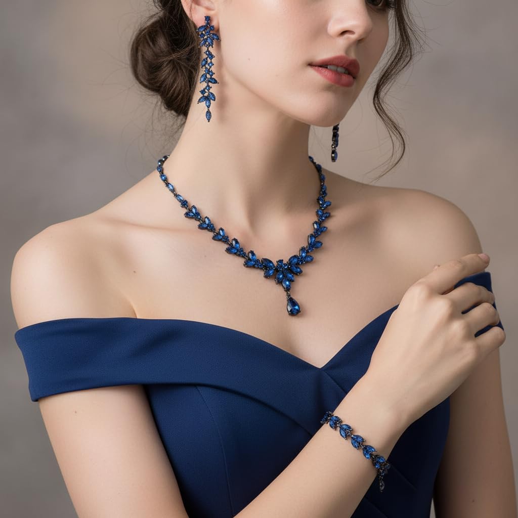 EVER FAITH Schmuckset Österreichisches Kristall Braut Schmuck-Set, Elegante Marquise Strass Blatt Halskette mit baumelnden Ohrringen Tennis-Armband-Set