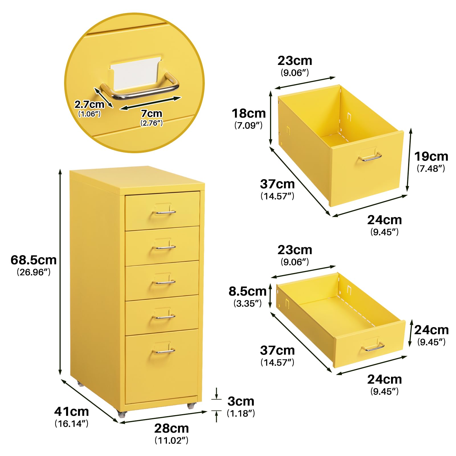 HollyHOME Archivador móvil de 5 cajones, organizador de archivos con ruedas, gabinete de almacenamiento de metal con ruedas para el hogar, la oficina y la escuela,amarillo claro