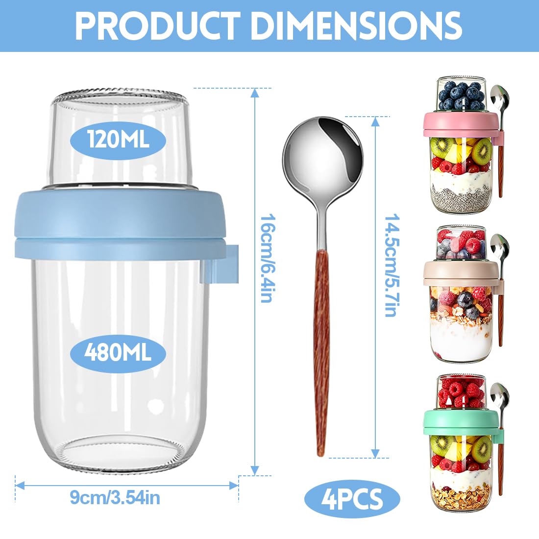 Overnight Oats - Set di 4 bicchieri per cereali, 480 ml + 120 ml, con coperchio, per yogurt e separazione del naso, per cereali, yogurt, insalata, colazione, lavoro, scuola, picnic, set da 4