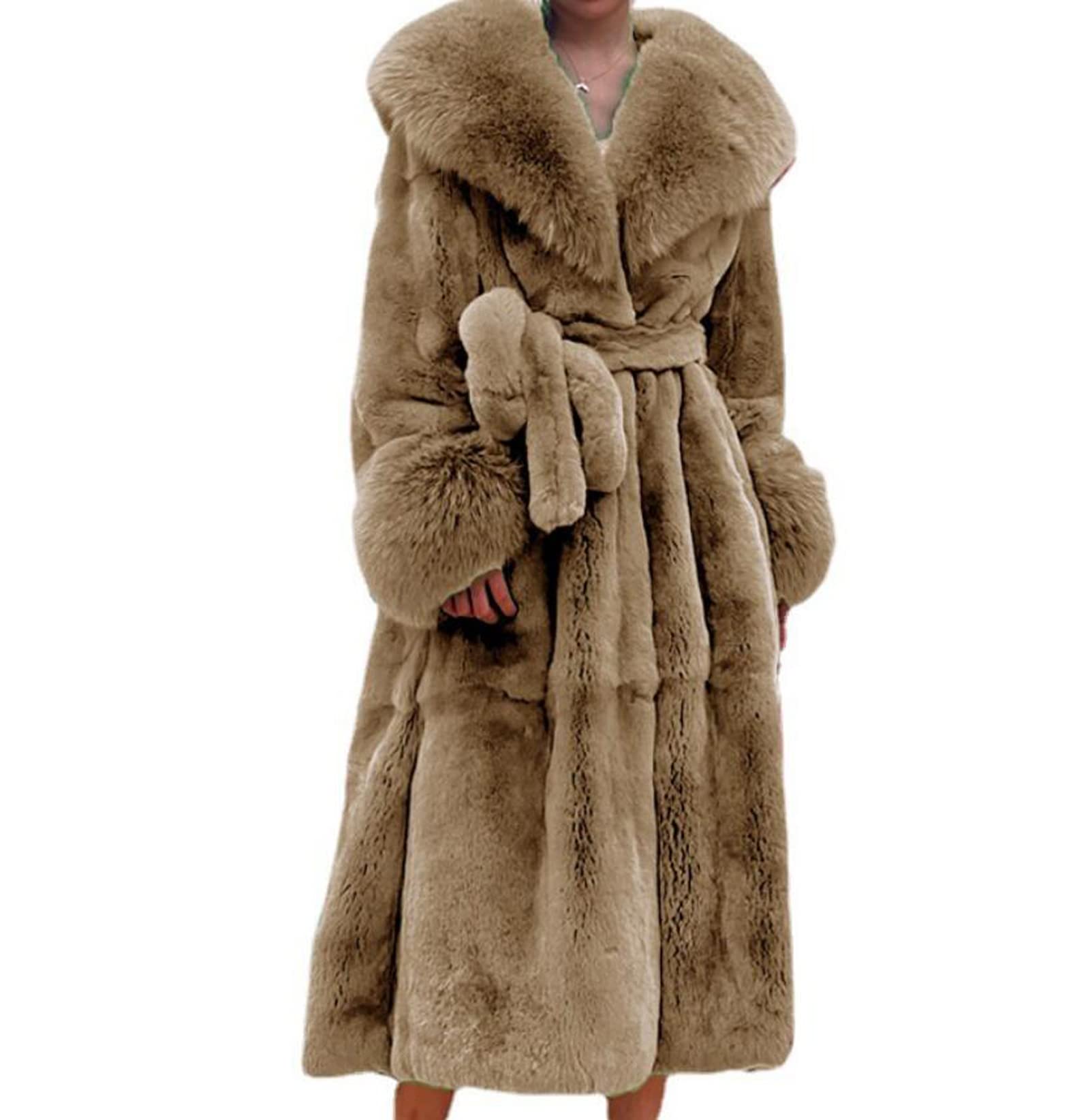 Womens Winter Fur Collar Coats, Women Faux Furs Coat Warm Outerwear Long Coat, Ladies Loose and Casual Outwear,Khaki,M