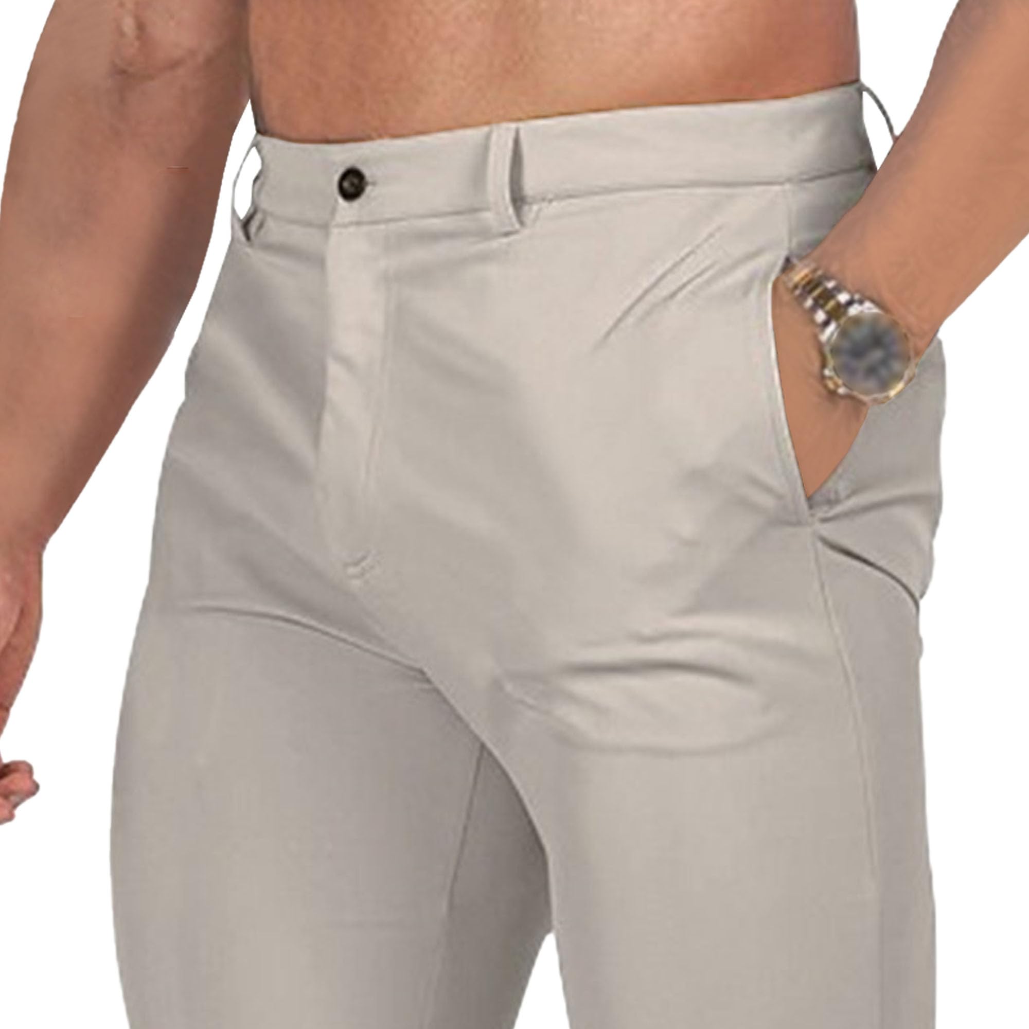 Qolkmuiy-GJ Men's Chinos Slim Fit Pants Stretch Skinny Tapered Dress Slack Comfort Casual Solid Workout Trousers (Khaki,Large)