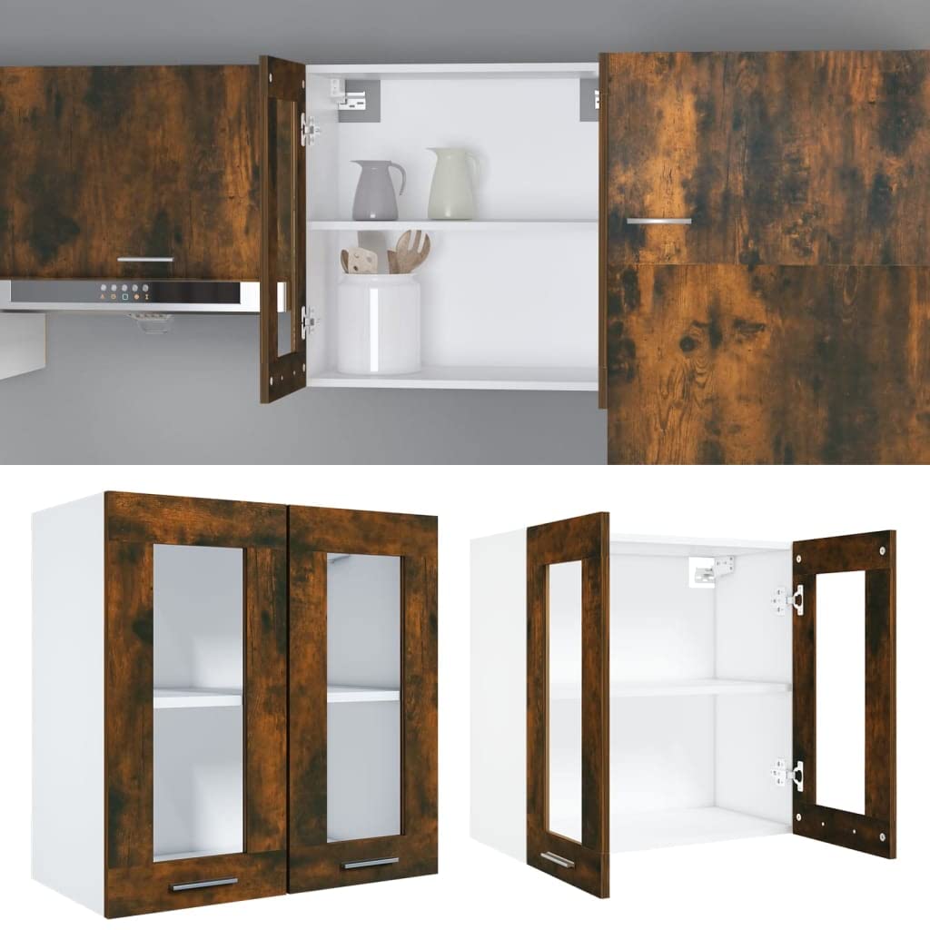 Armario colgante de madera en aspecto de roble negro, 60 x 57 x 207 cm, con puertas, moderno armario de cocina con espacio para utensilios de cocina y almacenamiento