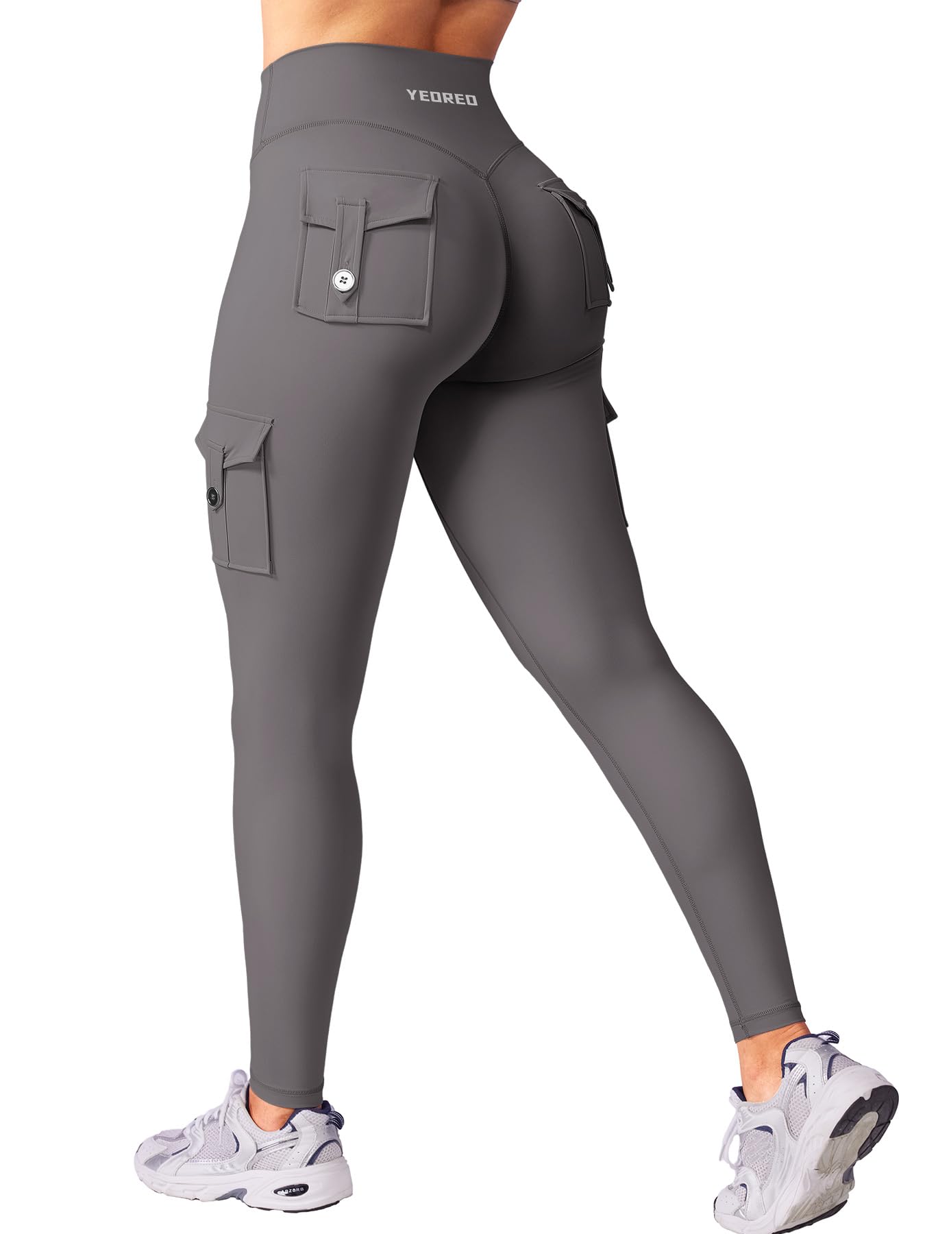YEOREO CoreFlex Workout Cargo Leggings with Pockets for Women Hidden Scrunch Butt Lifting Leggings Gym Yoga Pants 4 Pockets 25" Inseam Medium Dark Grey