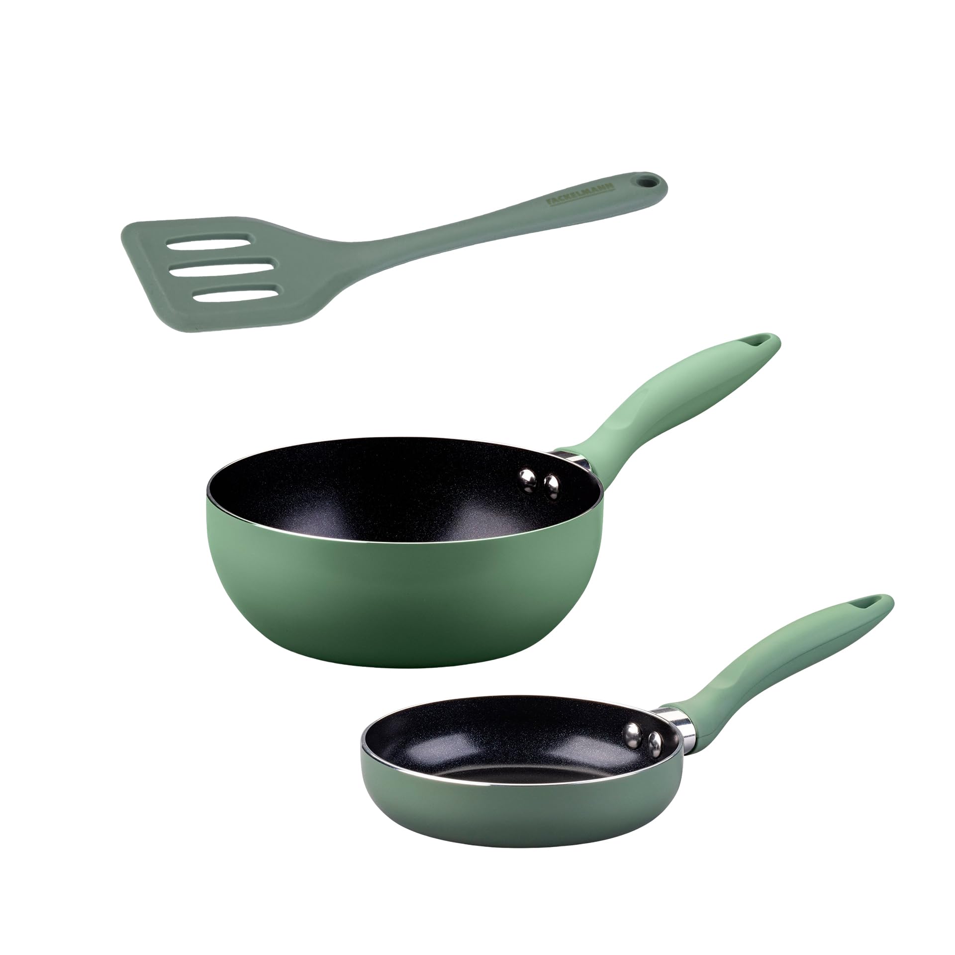 Fackelmann Mini Cook Set de Utensilios de Cocina Infantiles, incluye Wok, Sartén 12 cm y Espátula Ranurada