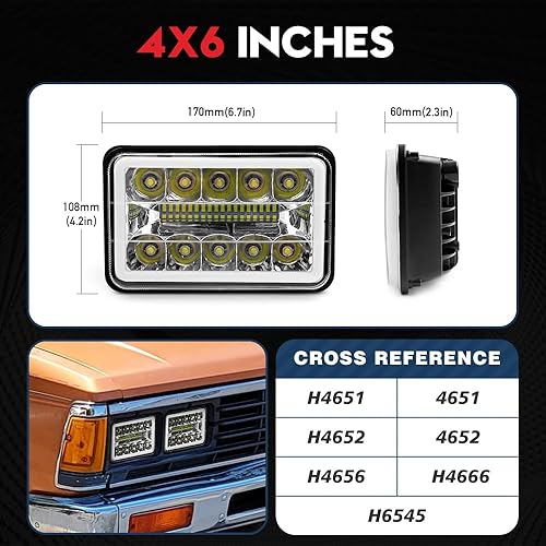 Miniatura 4 de VEHICODE Faros delanteros LED de 4 x 6, 4 piezas con halo DRL luz de señal de giro H4651 H4656 H4666 haz sellado alto y bajo H4 Kit de conversión de