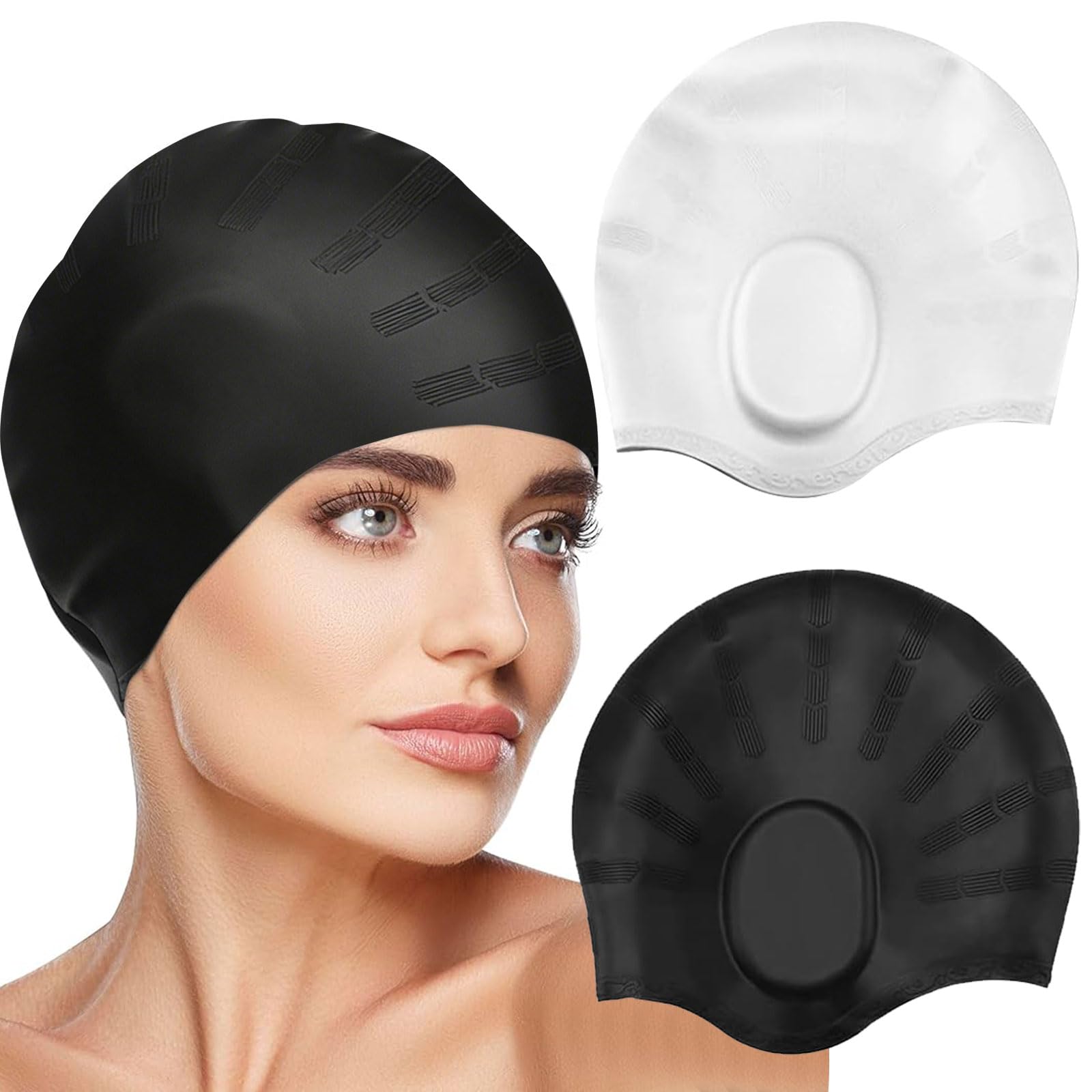 2PCS Swimming Cap, 100% Silicone Waterproof Swimming Hat with Ear Protection, Swimming Caps for Women/Men, Large Black/White Adult Swimming Caps That Keep Hair Dry, Ladies Swimming Cap Long/Short Hair