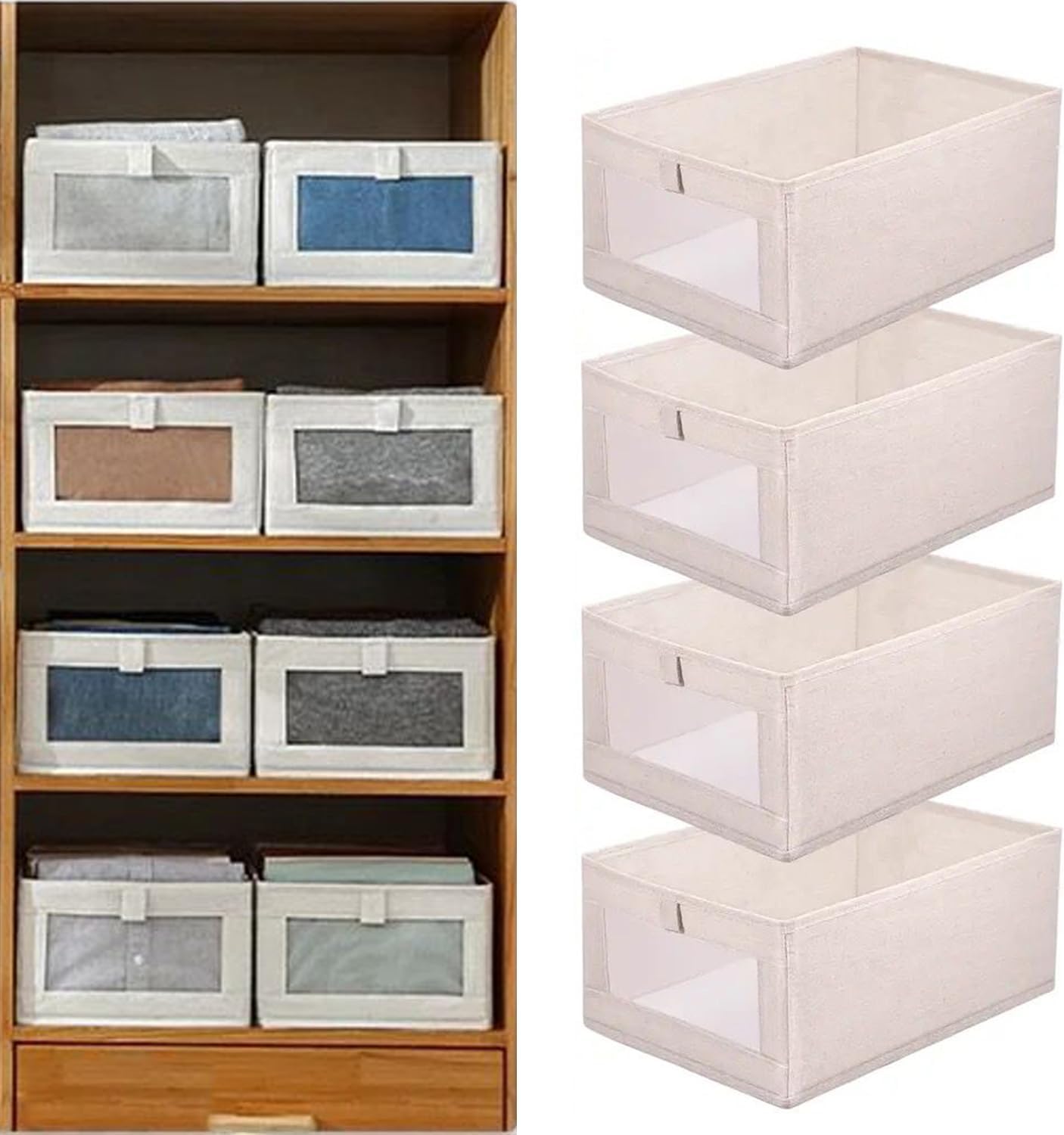Clothes Storage Box, Wardrobe Jeans Organizer, Visible Drawer Organizers for Clothing, Foldable Closet Storage Basket, Washable Drawer Box for Clothing, T-Shirt, Pants, Sweaters & Books (4-Pcs)