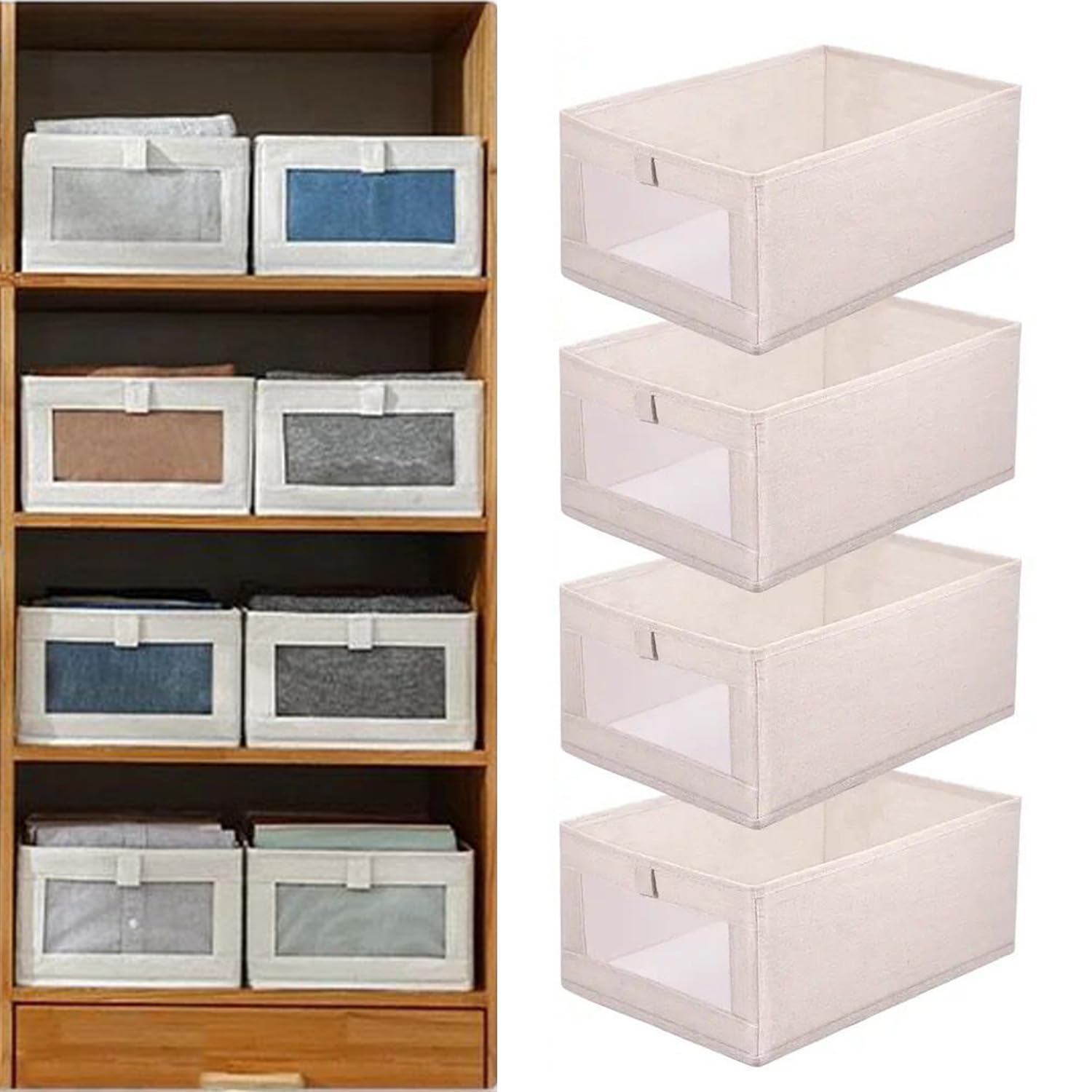 Clothes Storage Box, Wardrobe Jeans Organizer, Visible Drawer Organizers for Clothing, Foldable Closet Storage Basket, Washable Drawer Box for Clothing, T-Shirt, Pants, Sweaters & Books (4-Pcs)