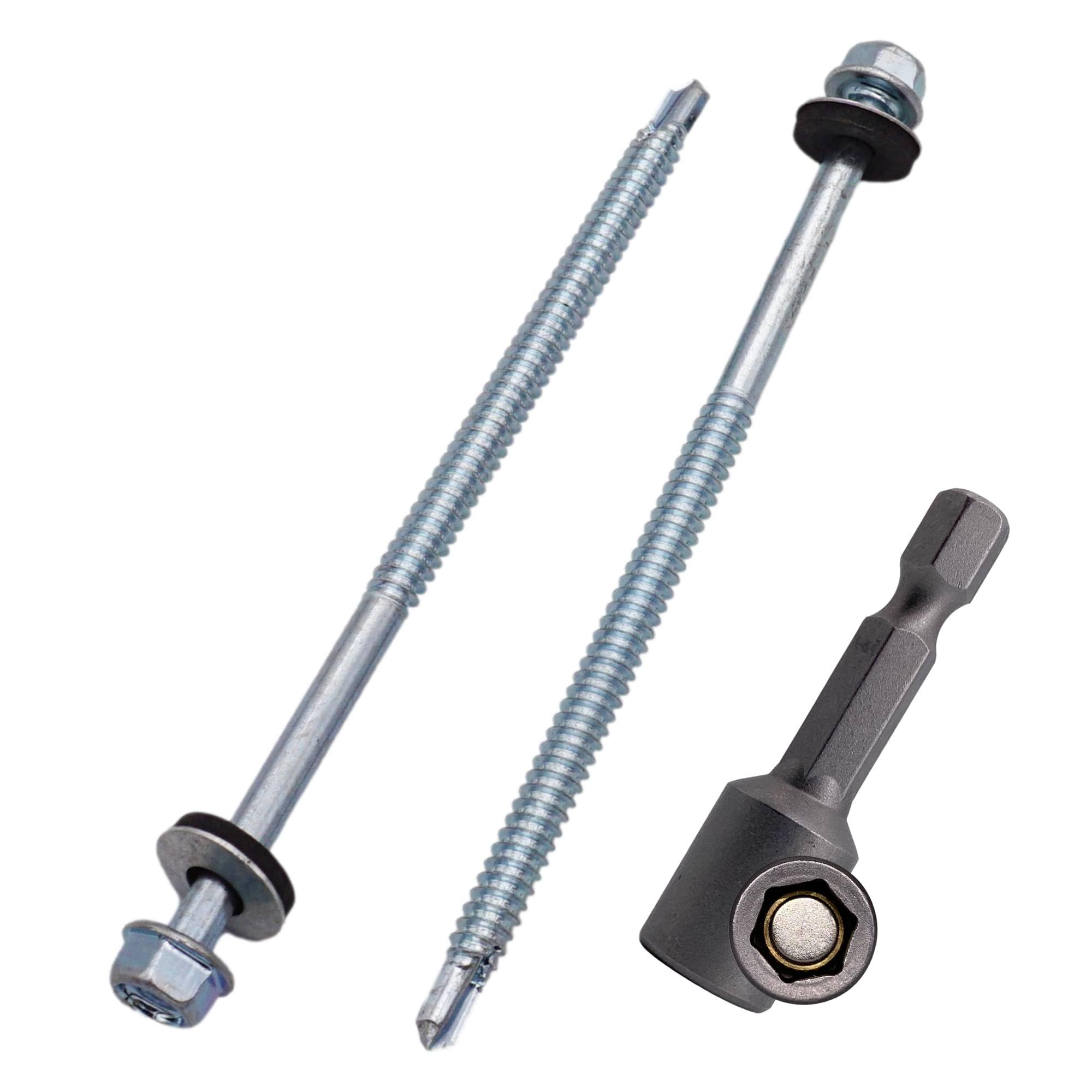 SKIR'CO (10 pcs) Zinc Plated Roofing Screws 6.3 x 130 mm, Hex Head, DIN 7504-K Self-Drilling Screws with EPDM Sealing Washers