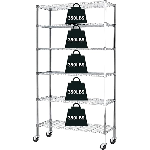HCY 6-Tier Storage Shelf Heavy Duty Storage Shelving Unit NSF Height Adjustable Metal Rack with Wheels for Laundry Bathroom Kitchen Garage Pantry Organization 2100 LBS Capacity-82x48x18Chrome