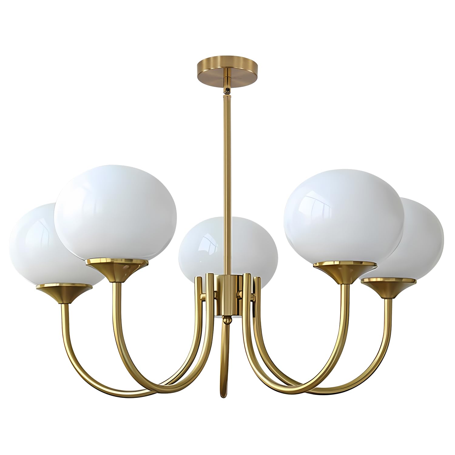 KCO Lighting Sputnik-Kronleuchter in Gold mit weißen Glaskugeln, 5 Leuchten E27 Vintage-Deckenleuchte, Moderne verstellbare Pendelleuchte für Schlafzimmer, Wohnzimmer und Küche