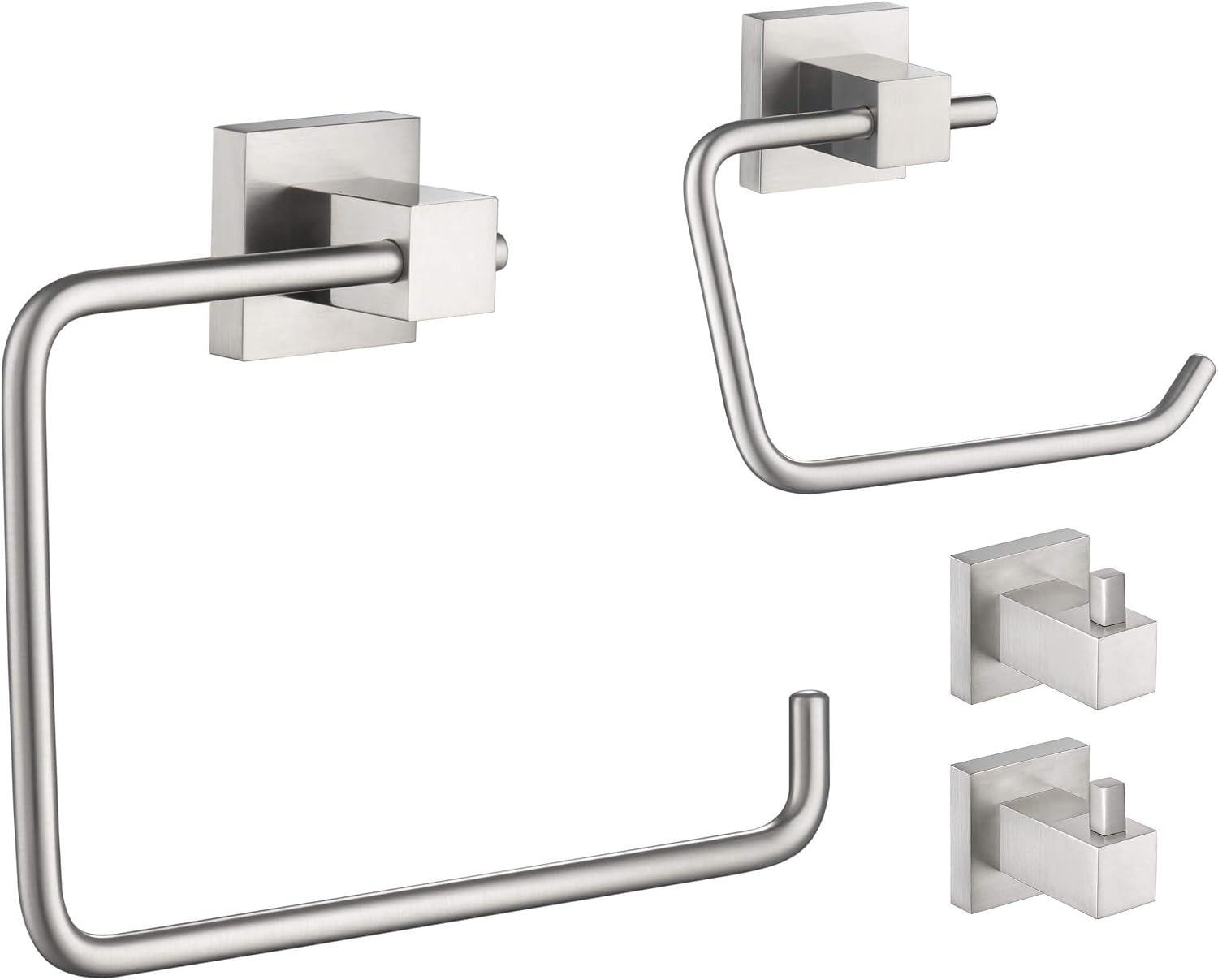 KIBI Cube 4-Piece Bathroom Hardware Set Brushed Nickel, Includes Towel Ring, Toilet Paper Holder & 2 Robe Hook, Wall Mounted Solid Brass Construction, Rust-Resistant (KBA15-4-2)