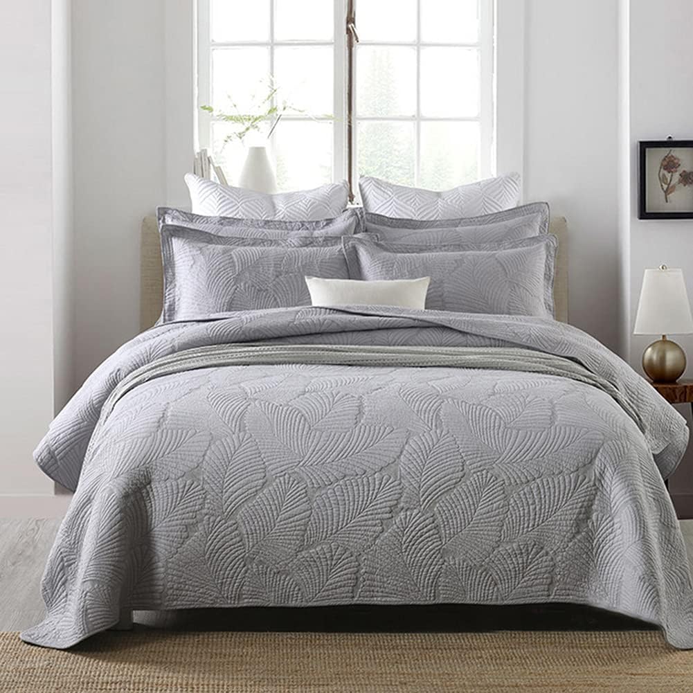 vctops 3 Piece Leaf Embroidery Cotton Quilt Set Oversize Queen Lightweight Reversible Bedspread Coverlet with 2 Shams for All Season (Light Grey, Oversize Queen)