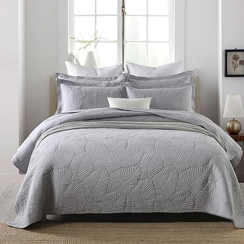Miniatura 2 de vctops Juego de edredón de algodón con bordado de hojas de 3 piezas, colcha reversible ligera y reversible con 2 fundas de almohada para todas las