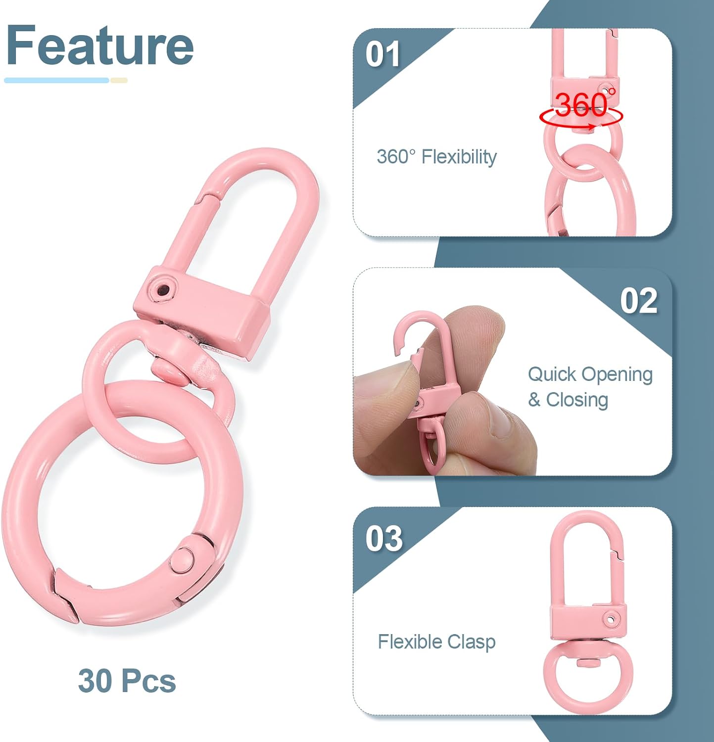 HARFINGTON 30pcs Lobster Claw Clasp Keychains Swivel Trigger Clips Zinc Alloys Colorful Keychain Clip Snap Hook Jump Flat Split Rings for DIY Craft Jewelry Making Car Keys, Light Pink image 3