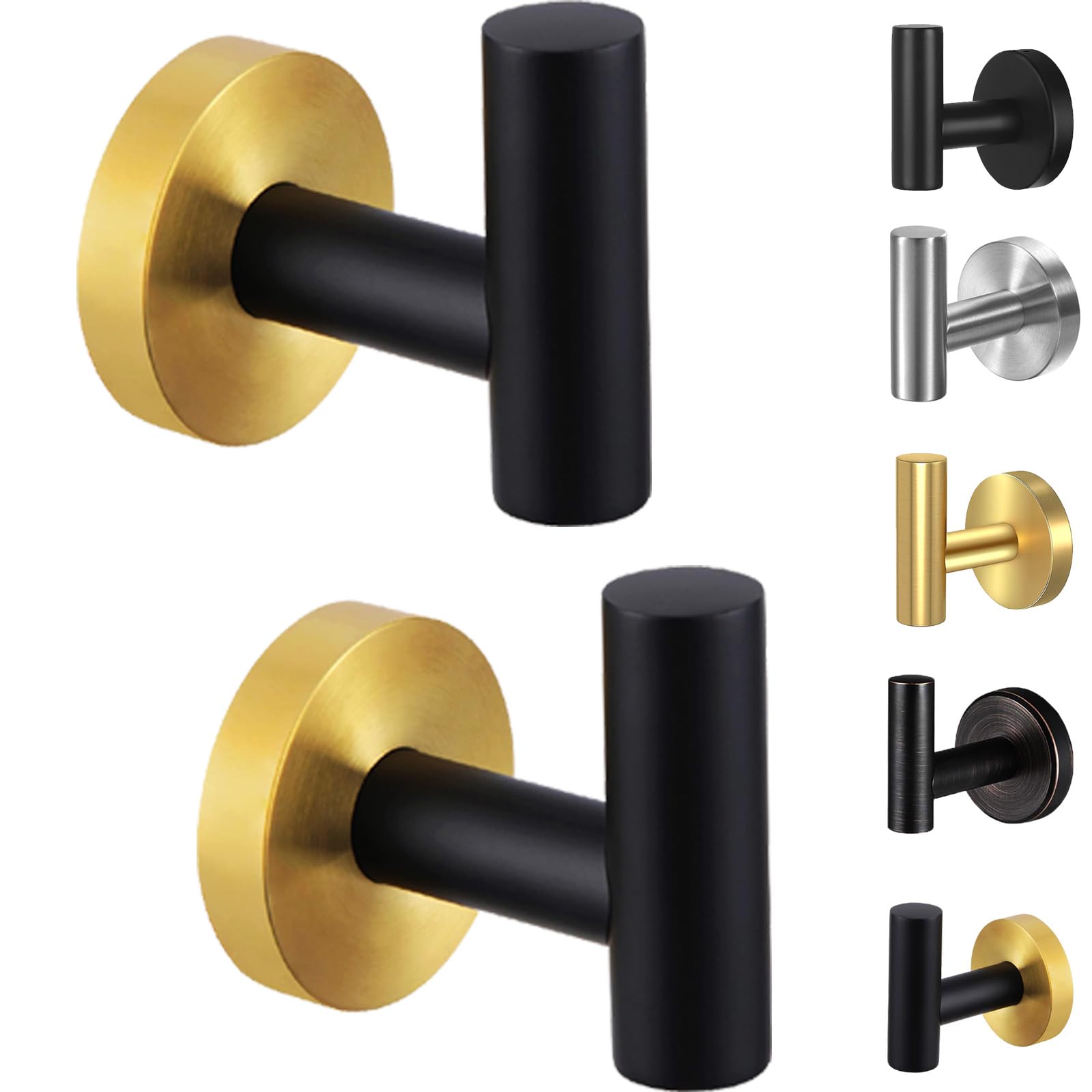Kruodop Towel Hooks for Bathroom,2 Packs Wall Mount Towel Holder,Blak Gold Matte Wall Robe Hook,Stainless Steel Heavy Duty Door Hanger Towel Hook for