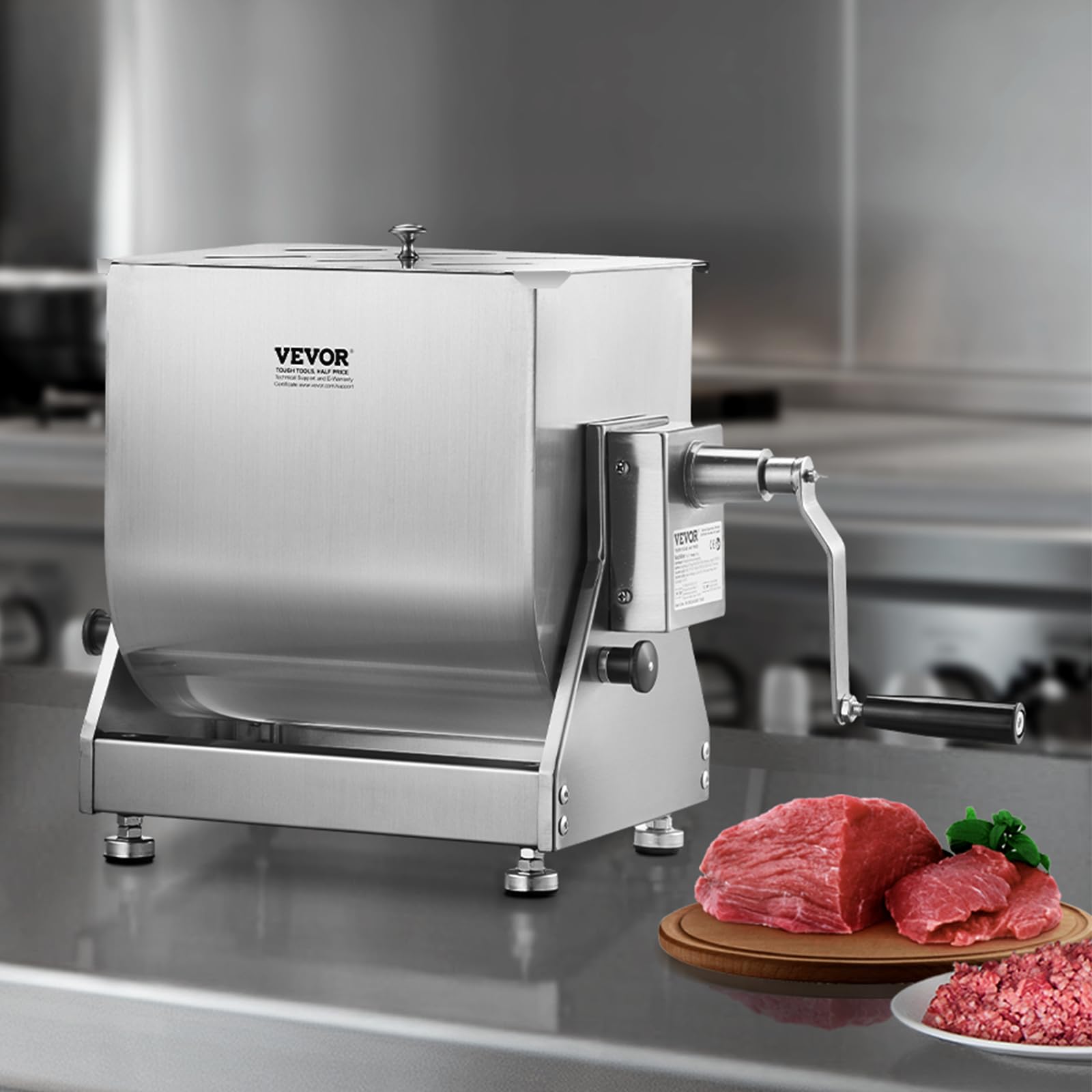 VEVOR BX-20T - Equipo de procesamiento de tanque inclinable de 30 L (mezcla máxima de 30 libras, carne de acero inoxidable, máquina de salchichas con reductor de engranajes de mango de tapa, batidora