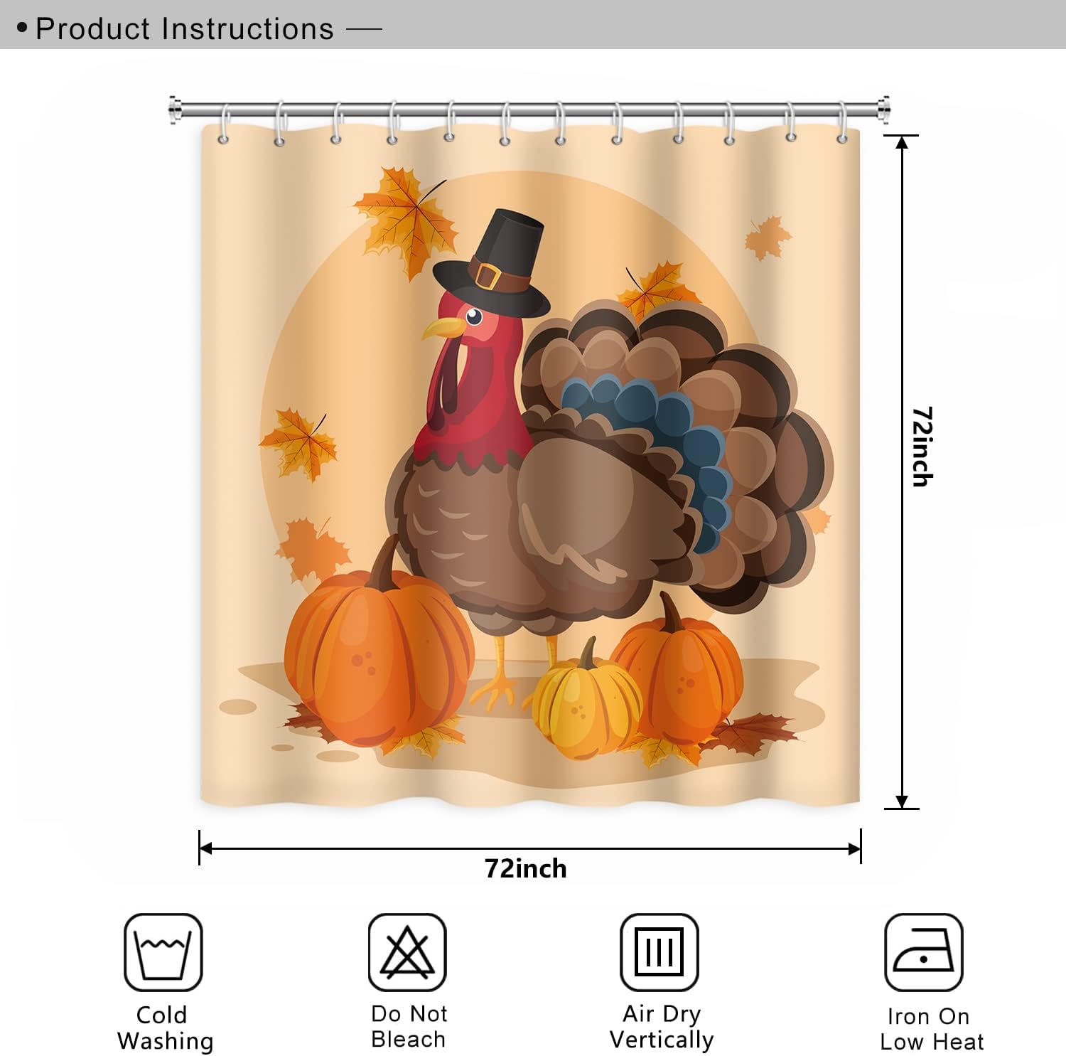 Thanksgiving Turkey Bathroom Shower Curtain Fall Harvest Pumpkin Maple Leaf Shower Curtain with Hooks Polyester Waterproof Fabric Home Bathtub Shower Curtain Decorative, 72x72 Inch