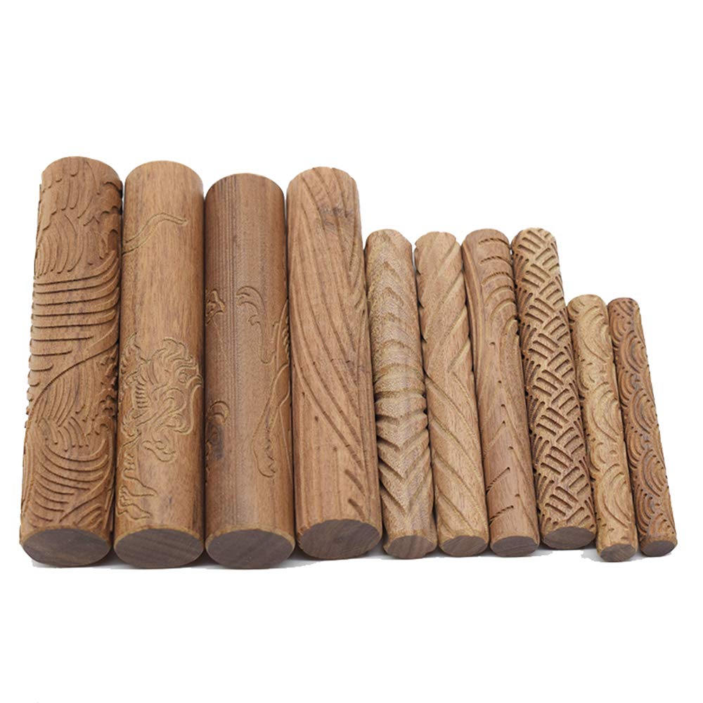 Pack of 10 Wooden Clay Modeling Pattern Rollers Kit, Handle Kit Pottery Tools Set, the Design is Reasonable, Light and Convenient, Easy to Clean