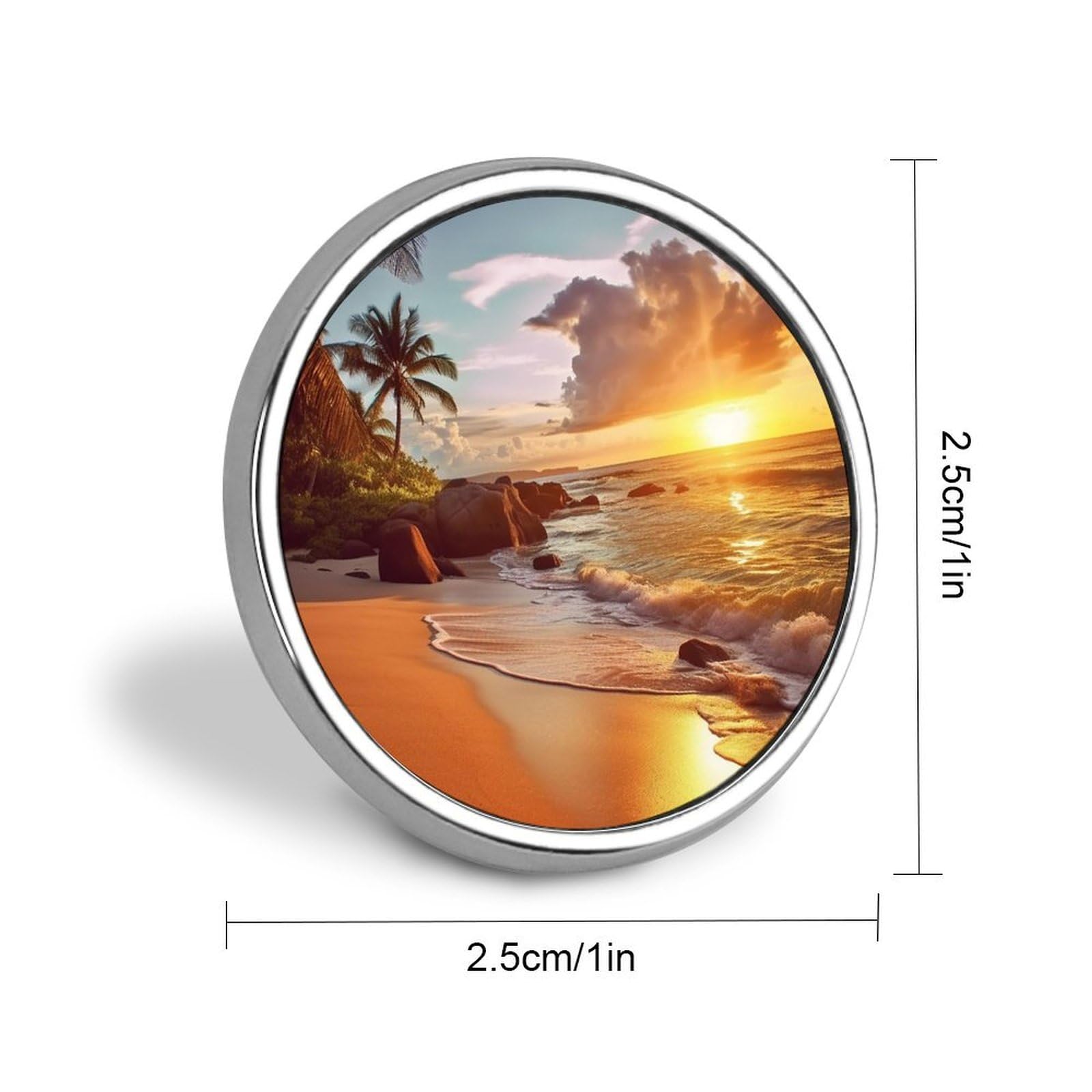 Aluminium Alloy Round Badge Brooch Pins for Men Tropical Beach at Sunset Brooches Elegant Pin for Women Fashion Button Badges Brooch Badge for Hats Jackets Shirts
