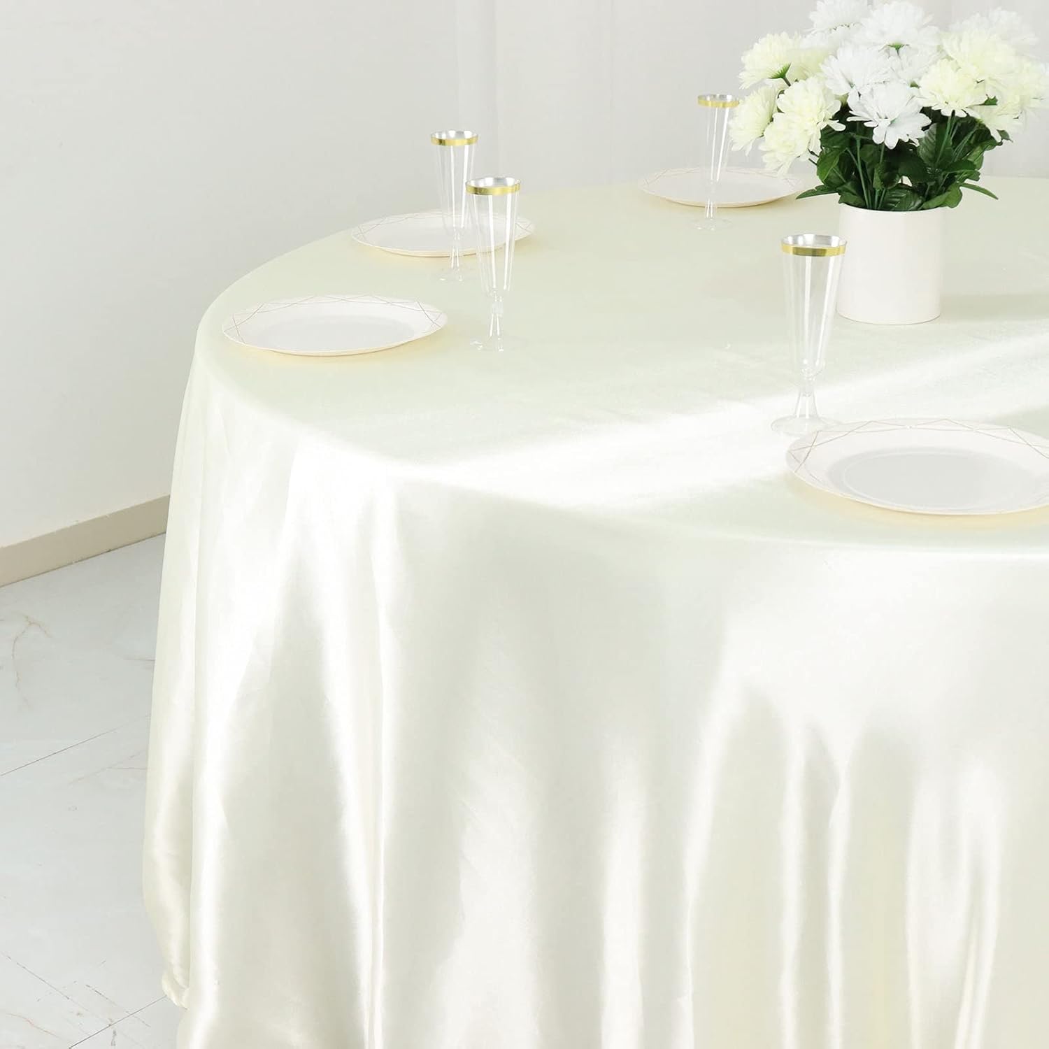 Efavormart 132 Inch Satin Round Tablecloth, Washable Linen Table Cover, Decorative Silky Fabric for Wedding, Party, Banquet Events - Ivory