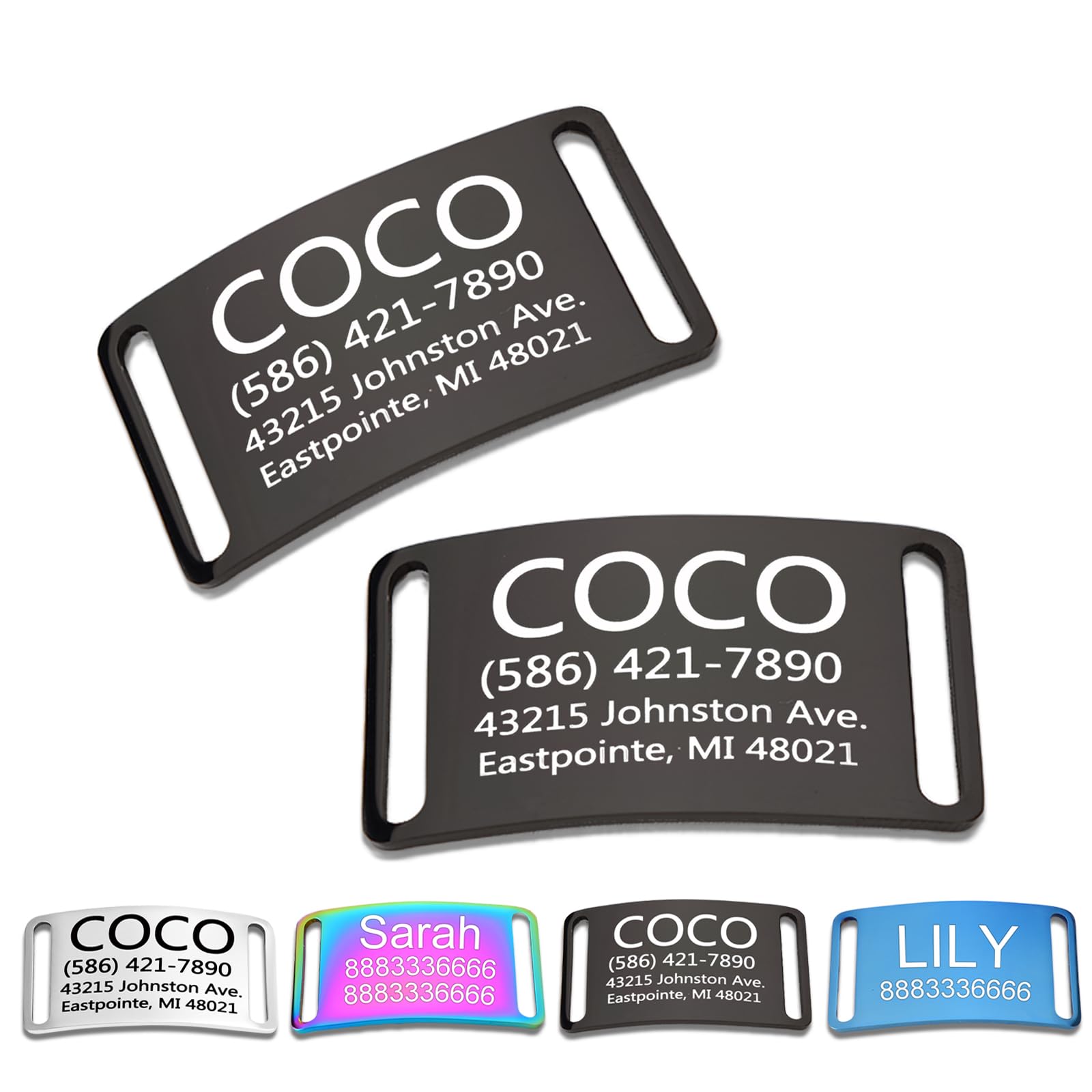 Slide-On Pet ID Tag,Silent Collar Tag for Dog and Cat Collars,Curved Personalized Engraved Tag,Custom Stainless Steel Chew-Proof Tags,4 Sizes,Glossy