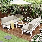 Moimhear Juego de muebles de jardín de aluminio, 2 sofás esquineros, 1 mesa, incluye 7 cojines grises, 4 cojines grises, estructura de aluminio gris oscuro con patas protectoras (blanco), HW24005