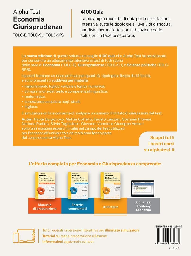 Alpha Test. Economia. Giurisprudenza TOLC-E, TOLC-SU, TOLC-SPS 2026-2027. 4100 quiz. Per test di ammissione universitari. Con simulatore online