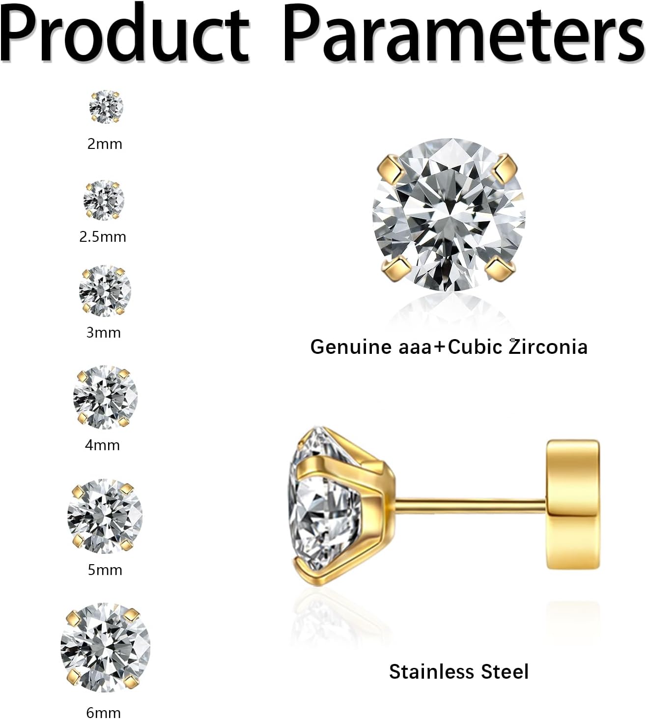 6 Pairs 14K Cubic Zirconia Stud Earrings for Women Men 20G Screw Flat Back Earrings 316L Stainless Steel Cartilage Earrings Hypoallergenic Men Earrings - Image 3