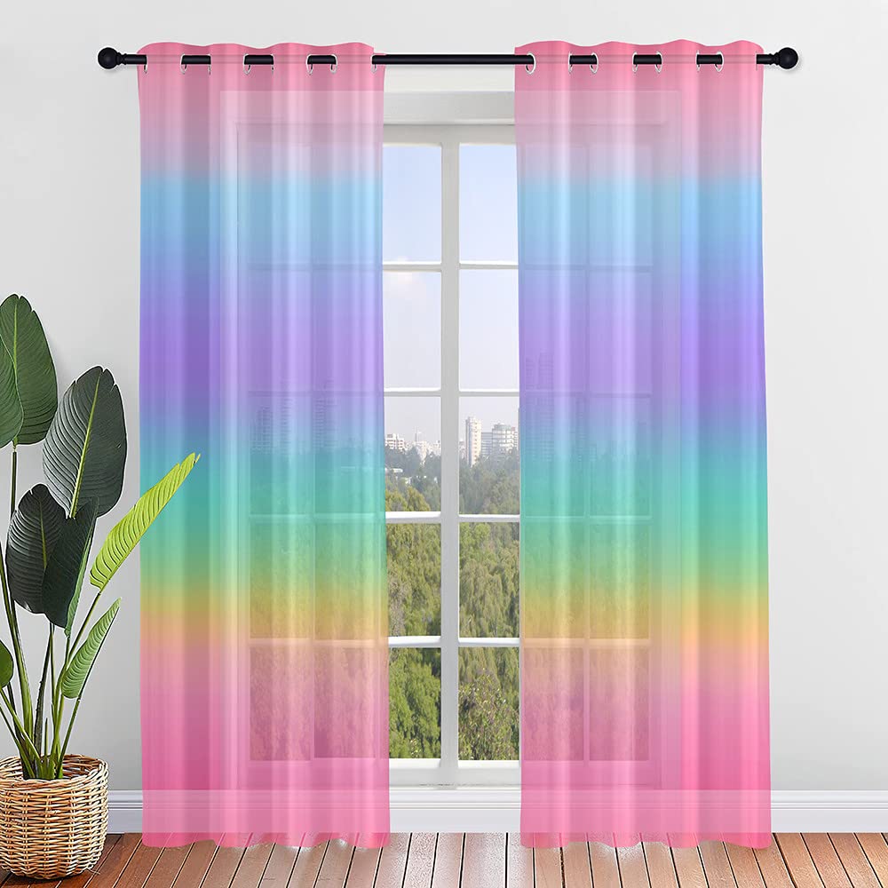 Hiseng Voile Curtains for Bedroom 2 Panels, Sheer Curtains Eyelets Net Translucent Window Screen Gradient Color Tulle Door Drapes for Living Room Home Balcony Decorative (132x160cm,Multicolor)