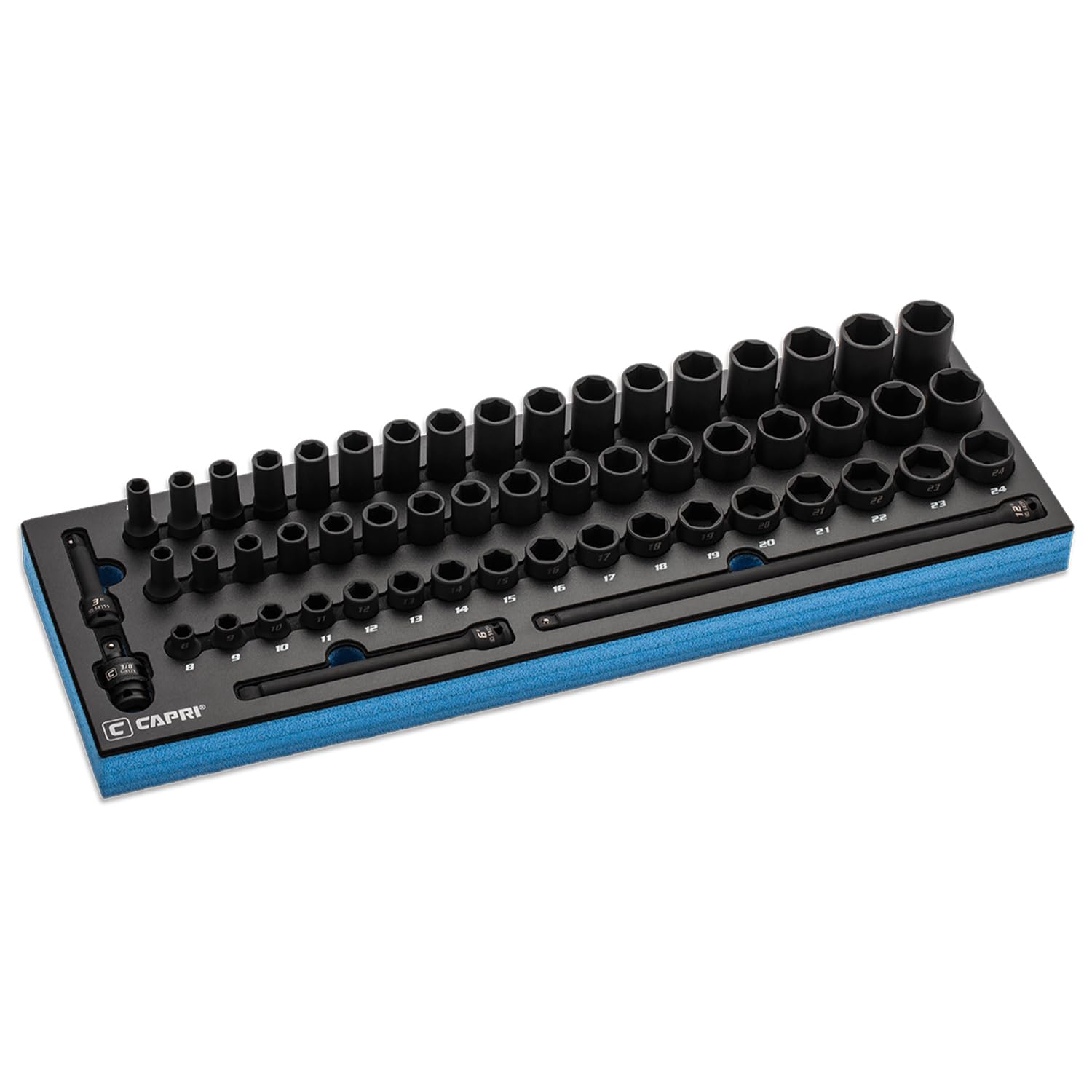 Capri Tools3/8 in. Drive Master Shallow, Semi-Deep and Deep Impact Socket Set with Extensions and Universal Joint, Metric, 8 to 24 mm, 55-Piece with Mechanic's Tray