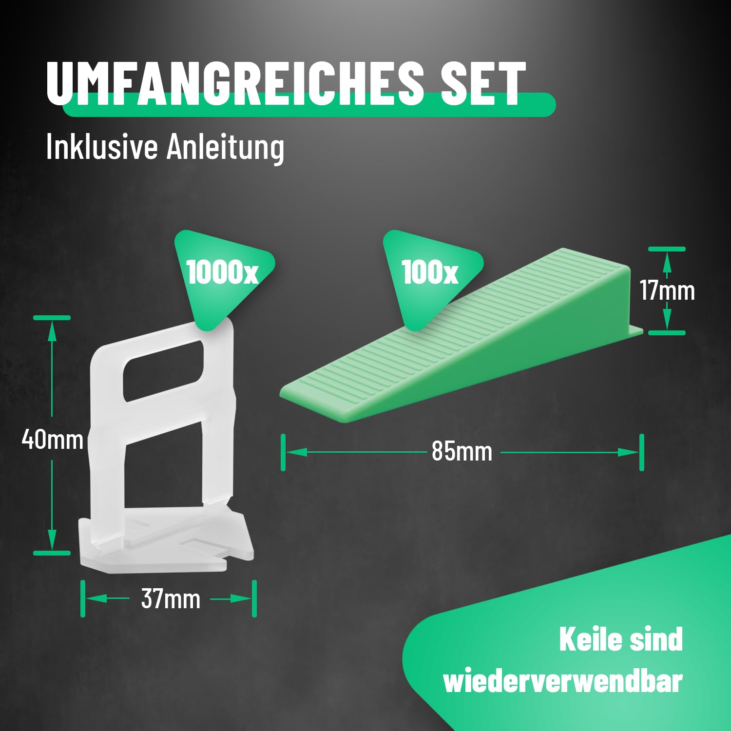 greate 1100-teiliges Fliesen Nivelliersystem 2mm - Fliesenverlegehilfe Set mit 1000 Zuglaschen & 100 Keile - Fliesen Verlegehilfe - Fliesenkeile