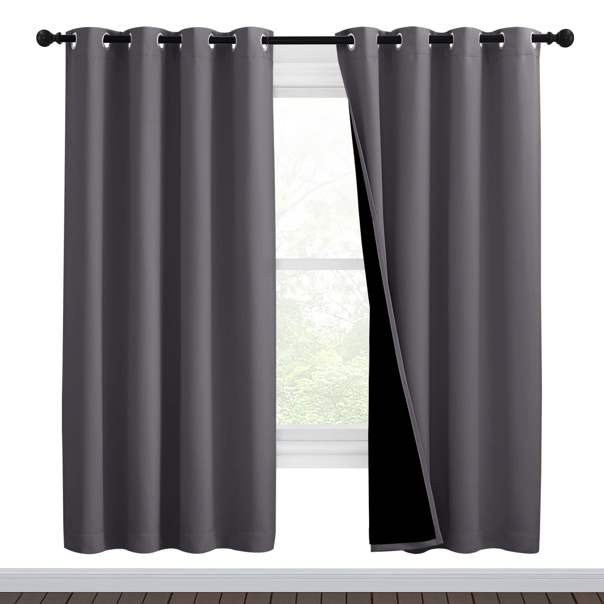 NICETOWN Grey Full Shade Curtain Panels, Pair of Thermal Insulated &amp; Energy Efficiency Blackout Curtains for Living Room Windows, Lined Silky Performance Window Dressing (46" Wide x 72" Long, Gray)