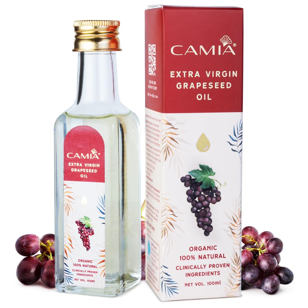 CAMIA Organic Extra Virgin Cold Pressed Grapeseed Oil| Rich in Free Fatty Acids, Vit A, Vit E & Antioxidants|Enhances Skin Health & Hydration|Reduces Hair Fall, Improves Hair Shine|100 Ml Glass Bottle
