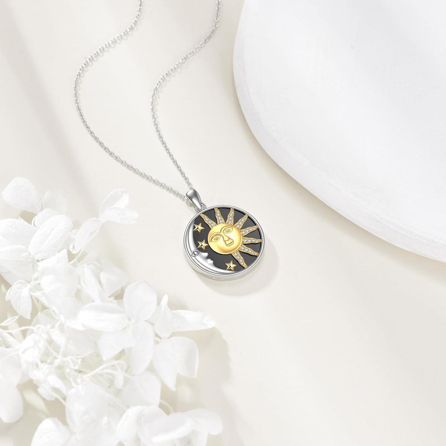 Sun and Moon Necklace Sterling Silver Black Agate Sun Moon Star Pendant Couples Jewelry Gifts for Women - Image 2