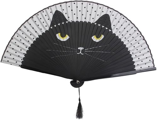 Tinksky abanico de seda para Mujeres, adornado con gato de caricatura, negro