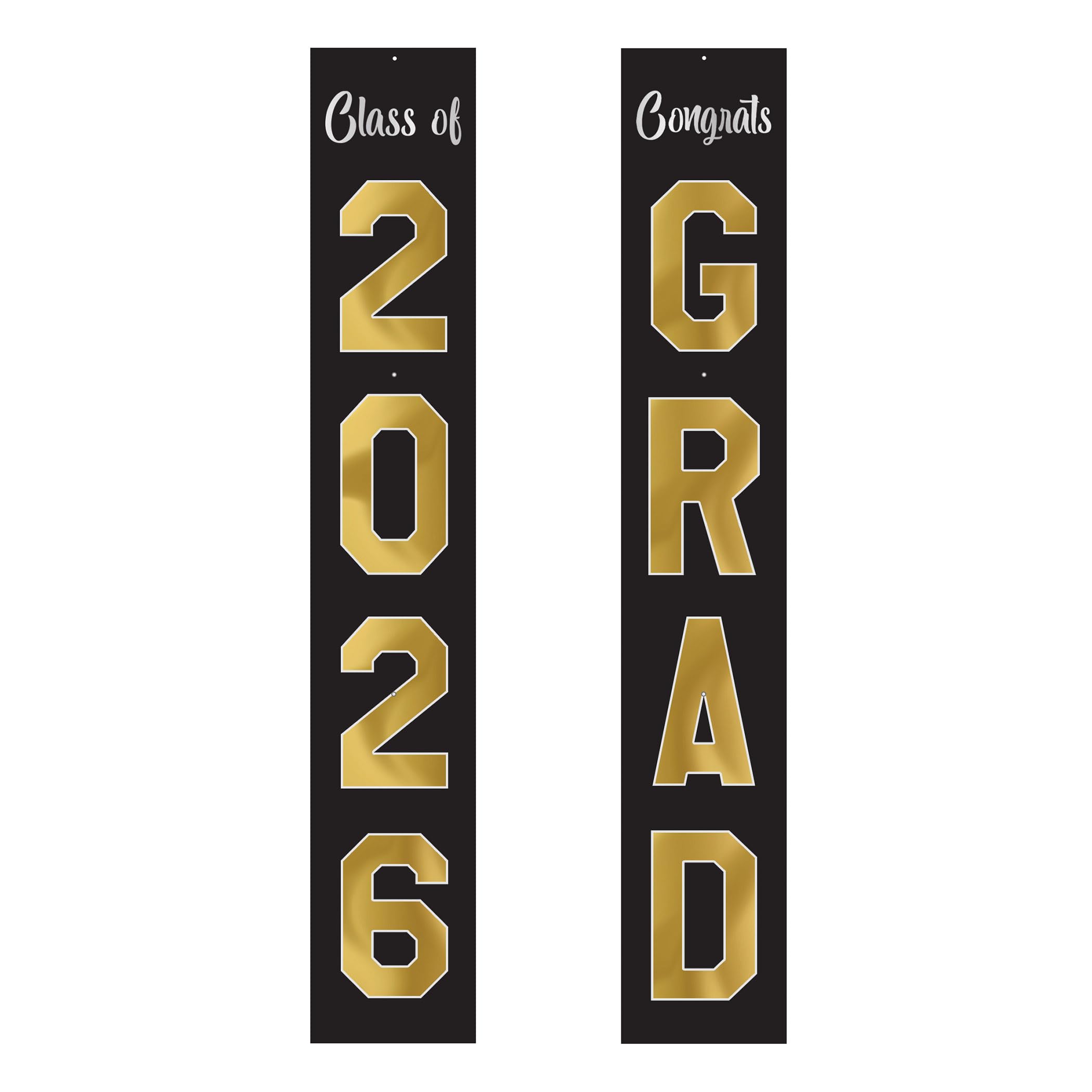 Beistle Jointed Foil Graduation Pull-Down Cutouts – 2 Pack, Hanging Decorations with “Class of 2026” & “Congrats GRAD” Designs, Black and Gold Graduation Décor for Ceremonies & Celebrations, 6’