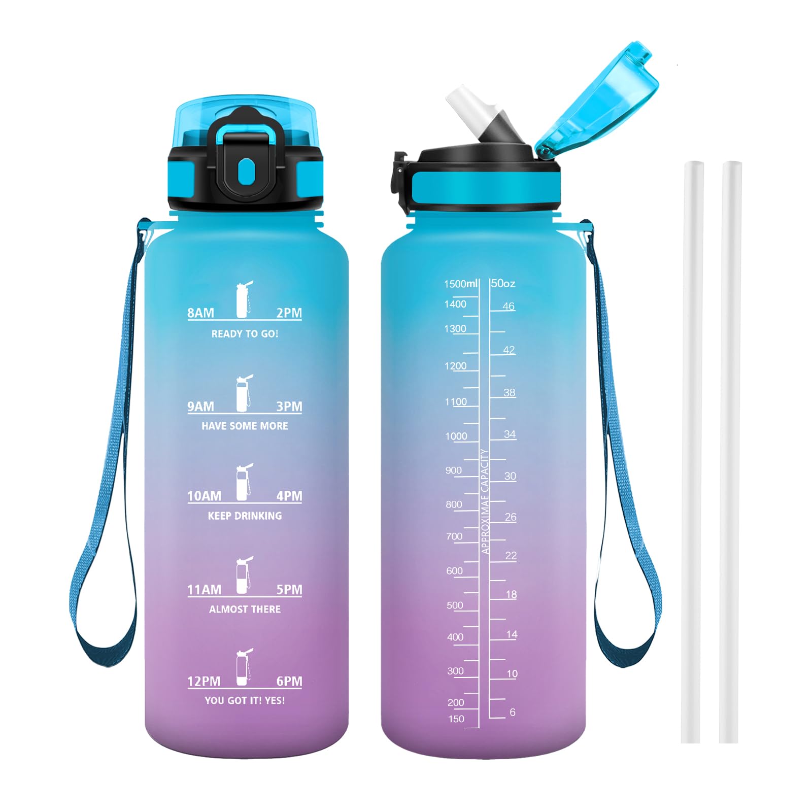 JAPORIA 1.5L Water Bottle with Straw, Water Bottle with Time Indicator, Gym Bottles for Students, Office