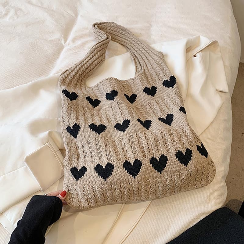 Bolso Tote de Punto con Diseño de Corazón, Casual y Plegable miniatura 2