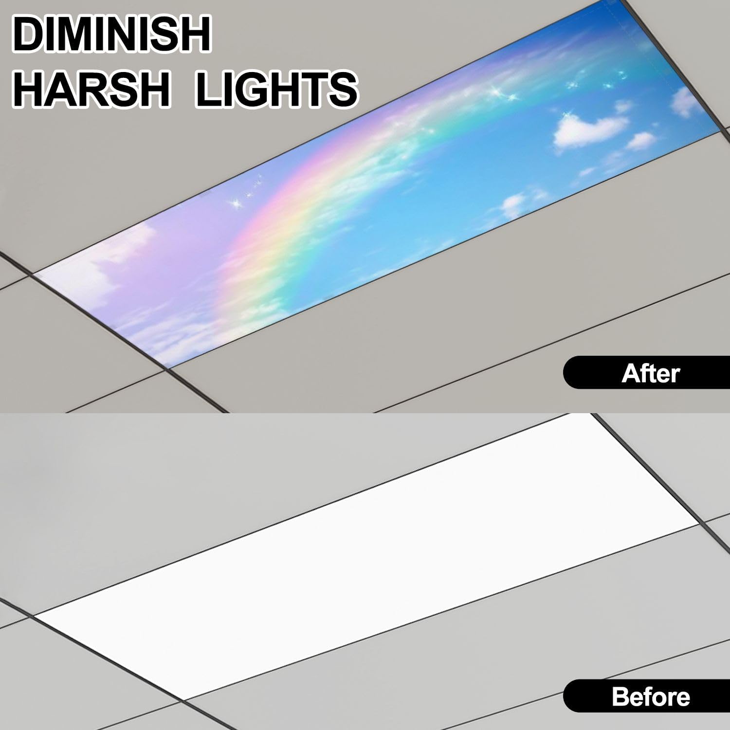 Fluorescent Light Covers for Ceiling Lights Rainbow Cloudy Sky Easy to Install Magnetic Light Filter for Classroom Office Hospitals School Home Decor