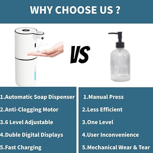 Miniatura 6 de Dispensador automático de jabón sin contacto, dispensador de jabón espumoso, 6 niveles ajustables, manos libres, dispensador recargable por USB,