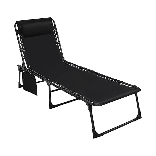 MUPATER 4-Fold Patio Chaise Lounge Chair for Outdoor with Detachable Pocket and Pillow, Portable Sun Lounger Recliner for Beach, Camping and Pool, Black