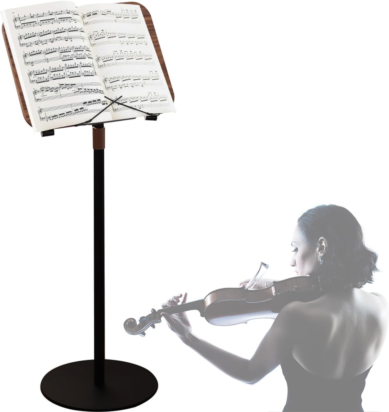 Wooden Music Sheet Stand, 40 * 30cm Music Book Stand, Guitar/Violin/Ukulele Music Stand, Station for Conductors, Height Adjustable 64-122cm, Reading Rack, Wood Color